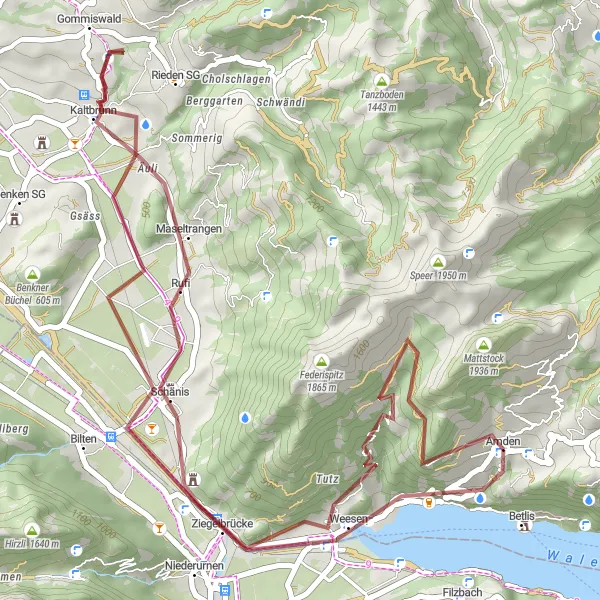 Miniature de la carte de l'inspiration cycliste "Parcours gravel de Weesen à Amden" dans la Ostschweiz, Switzerland. Générée par le planificateur d'itinéraire cycliste Tarmacs.app