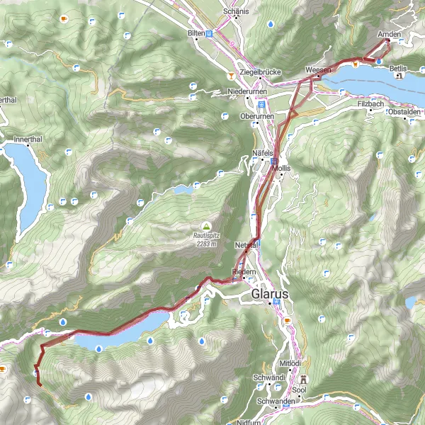 Karttaminiaatyyri "Gravel-seikkailu Sveitsin luonnossa" pyöräilyinspiraatiosta alueella Ostschweiz, Switzerland. Luotu Tarmacs.app pyöräilyreittisuunnittelijalla
