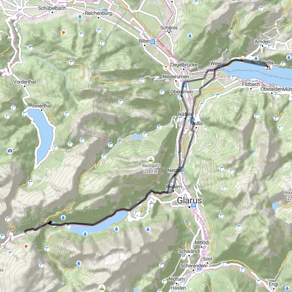 Kartminiatyr av "Walensee - Näfels - Burgruine Strahlegg Loop" sykkelinspirasjon i Ostschweiz, Switzerland. Generert av Tarmacs.app sykkelrutoplanlegger