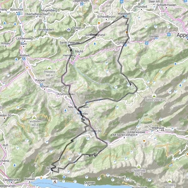 Miniatura della mappa di ispirazione al ciclismo "Esplorazione Ciclistica Intensa da Amden" nella regione di Ostschweiz, Switzerland. Generata da Tarmacs.app, pianificatore di rotte ciclistiche