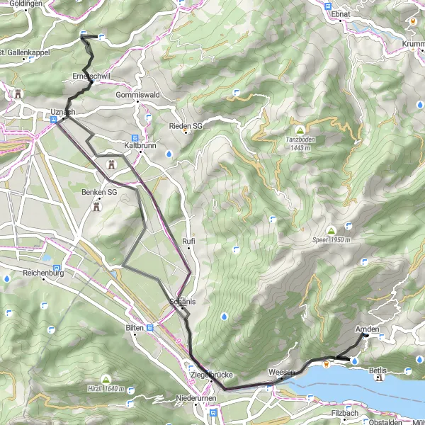Kartminiatyr av "Historisk oppdagelsesferd fra Weesen til Amden" sykkelinspirasjon i Ostschweiz, Switzerland. Generert av Tarmacs.app sykkelrutoplanlegger