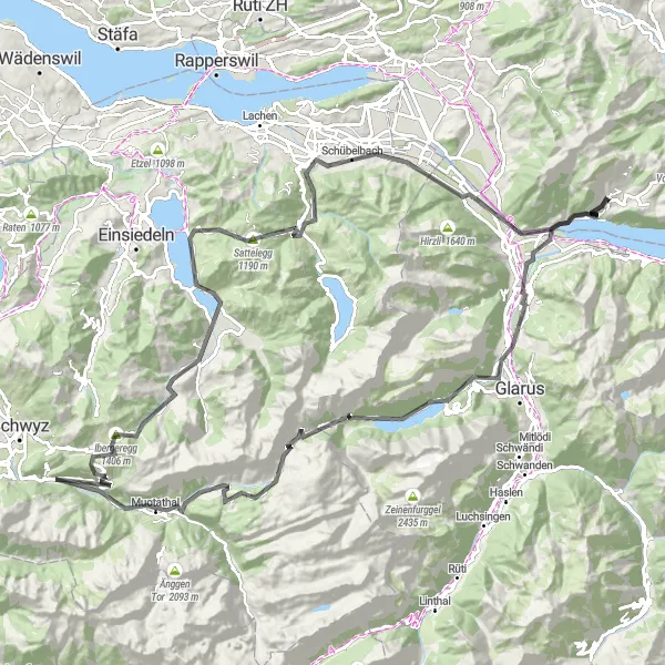 Miniatua del mapa de inspiración ciclista "Ruta de ciclismo de carretera Amden - Sattelegg" en Ostschweiz, Switzerland. Generado por Tarmacs.app planificador de rutas ciclistas