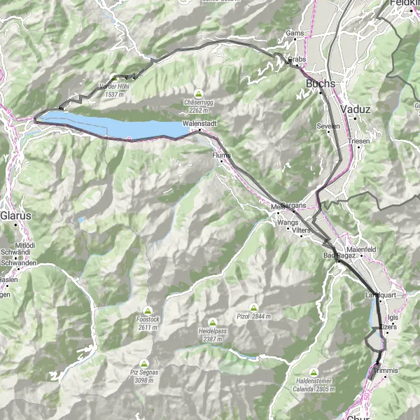 Miniaturní mapa "Cyklistická trasa Amden - Zizers - Walenstadt" inspirace pro cyklisty v oblasti Ostschweiz, Switzerland. Vytvořeno pomocí plánovače tras Tarmacs.app