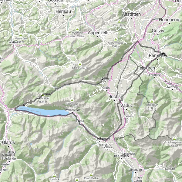 Miniatura della mappa di ispirazione al ciclismo "Sfida on the Road da Amden" nella regione di Ostschweiz, Switzerland. Generata da Tarmacs.app, pianificatore di rotte ciclistiche