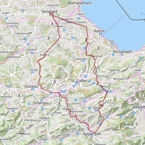 Kartminiatyr av "Grusvei sykkeltur fra Amriswil" sykkelinspirasjon i Ostschweiz, Switzerland. Generert av Tarmacs.app sykkelrutoplanlegger