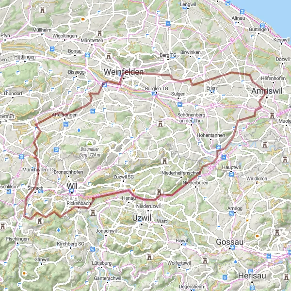 Kartminiatyr av "Äventyrlig grusväg cykeltur i Ostschweiz" cykelinspiration i Ostschweiz, Switzerland. Genererad av Tarmacs.app cykelruttplanerare