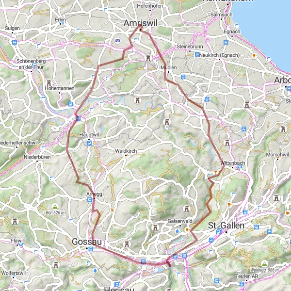 Miniatura della mappa di ispirazione al ciclismo "Tour tra natura e torri storiche" nella regione di Ostschweiz, Switzerland. Generata da Tarmacs.app, pianificatore di rotte ciclistiche
