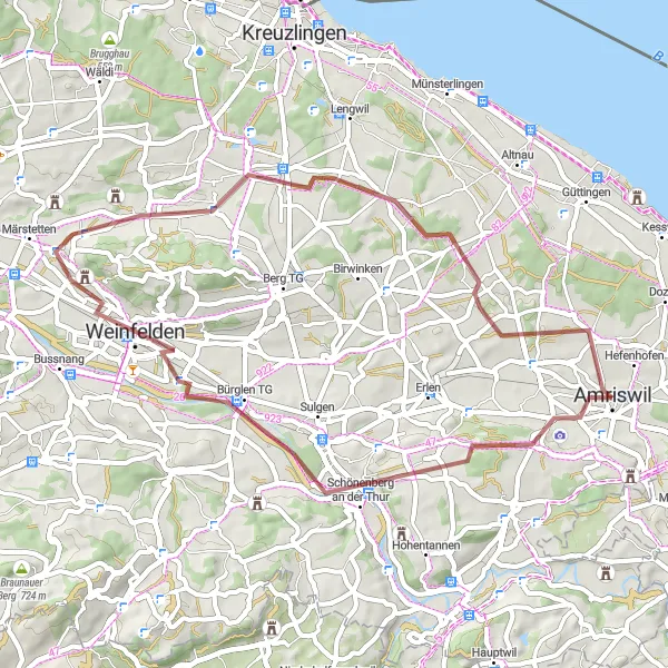 Miniatua del mapa de inspiración ciclista "Ruta de Grava Amriswil - Gewerbeturm - Bürglen TG - Bommen - Amriswil" en Ostschweiz, Switzerland. Generado por Tarmacs.app planificador de rutas ciclistas
