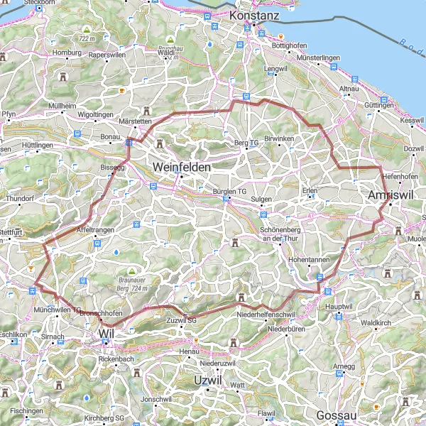 Miniature de la carte de l'inspiration cycliste "Le Circuit Gravel de l'Est de la Suisse" dans la Ostschweiz, Switzerland. Générée par le planificateur d'itinéraire cycliste Tarmacs.app