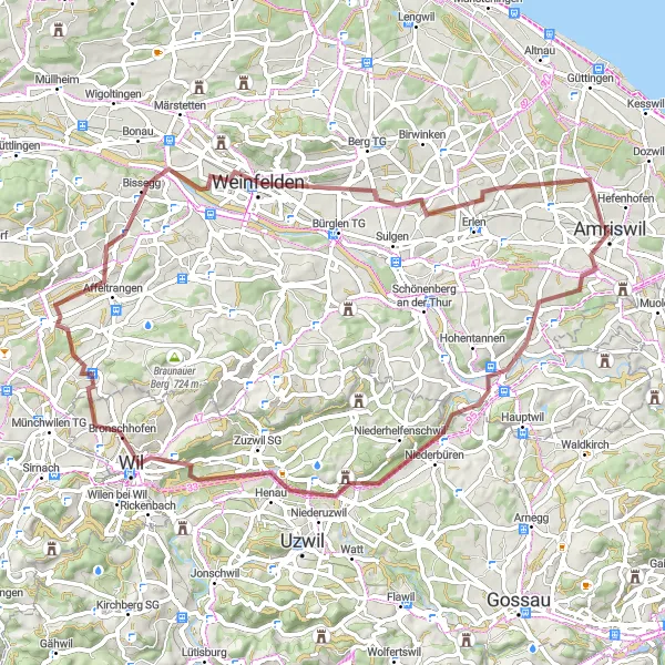 Miniatua del mapa de inspiración ciclista "Aventura en Grava cerca de Amriswil" en Ostschweiz, Switzerland. Generado por Tarmacs.app planificador de rutas ciclistas