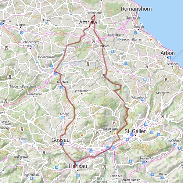 Miniatura della mappa di ispirazione al ciclismo "Tour in bicicletta tra Schloss Hagenwil e Herisau" nella regione di Ostschweiz, Switzerland. Generata da Tarmacs.app, pianificatore di rotte ciclistiche