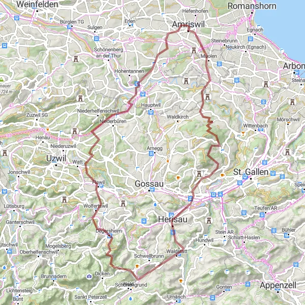 Miniaturní mapa "Gravelová dobrodružství v kopcích" inspirace pro cyklisty v oblasti Ostschweiz, Switzerland. Vytvořeno pomocí plánovače tras Tarmacs.app