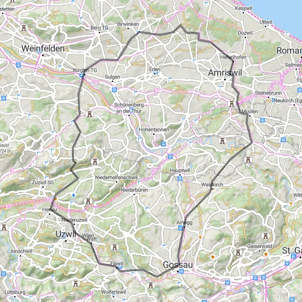 Kartminiatyr av "Sykkeltur til Hefenhofen fra Amriswil" sykkelinspirasjon i Ostschweiz, Switzerland. Generert av Tarmacs.app sykkelrutoplanlegger