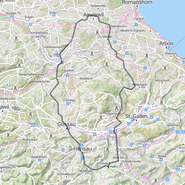 Karten-Miniaturansicht der Radinspiration "Hügeliges Abenteuer durch den Kanton St. Gallen" in Ostschweiz, Switzerland. Erstellt vom Tarmacs.app-Routenplaner für Radtouren