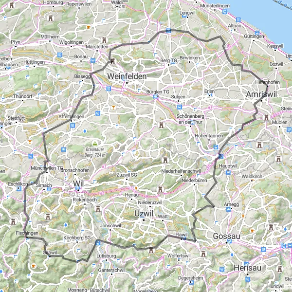 Miniatua del mapa de inspiración ciclista "Ruta en Carretera Amriswil - Bischofszell - Flawil - Winzenberg - Hamberg - Eschlikon - Lommis - Bommen - Hefenhofen" en Ostschweiz, Switzerland. Generado por Tarmacs.app planificador de rutas ciclistas