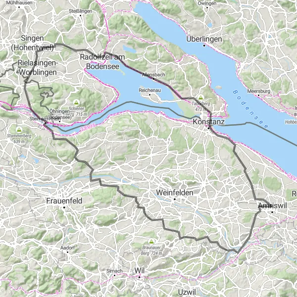 Miniatura della mappa di ispirazione al ciclismo "Giro in bicicletta da Amriswil a Costanza" nella regione di Ostschweiz, Switzerland. Generata da Tarmacs.app, pianificatore di rotte ciclistiche