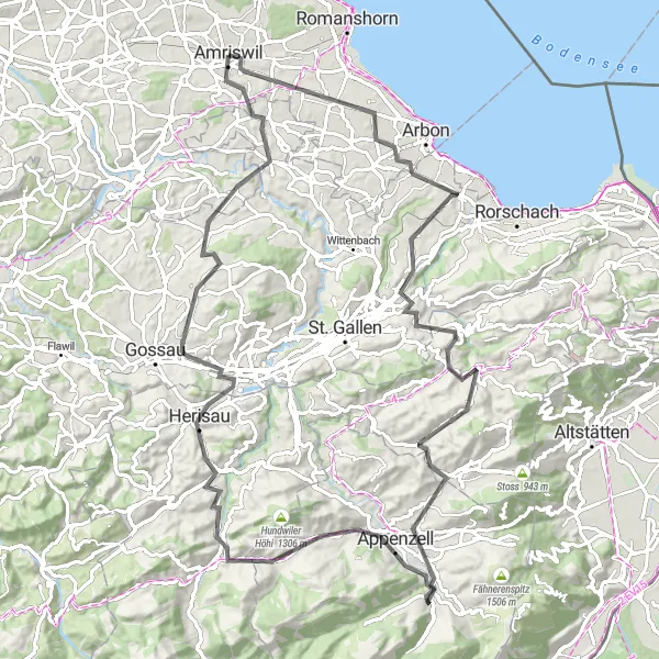 Karttaminiaatyyri "Appenzellin kierros" pyöräilyinspiraatiosta alueella Ostschweiz, Switzerland. Luotu Tarmacs.app pyöräilyreittisuunnittelijalla