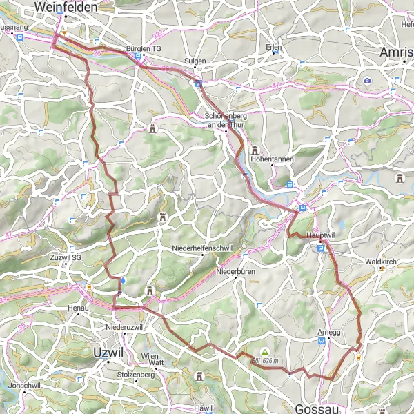 Miniatura della mappa di ispirazione al ciclismo "Avventura su strade sterrate da Andwil SG a Ronwil" nella regione di Ostschweiz, Switzerland. Generata da Tarmacs.app, pianificatore di rotte ciclistiche