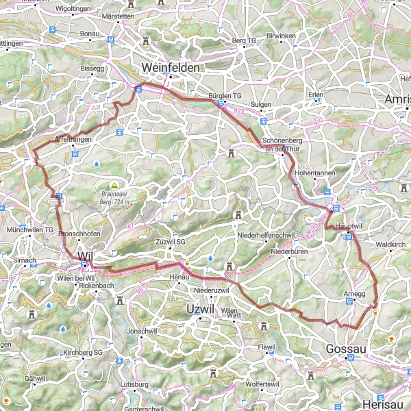 Mapa miniatúra "Gravelový okruh cez Wil a Schönenberg an der Thur" cyklistická inšpirácia v Ostschweiz, Switzerland. Vygenerované cyklistickým plánovačom trás Tarmacs.app