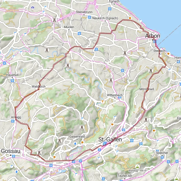 Zemljevid v pomanjšavi "Pustolovščina po makadamskih poteh v okolici Andwila SG" kolesarske inspiracije v Ostschweiz, Switzerland. Generirano z načrtovalcem kolesarskih poti Tarmacs.app