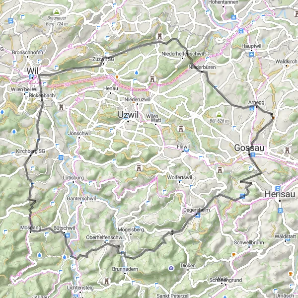 Zemljevid v pomanjšavi "Razgibano kolesarjenje v bližini Andwila SG" kolesarske inspiracije v Ostschweiz, Switzerland. Generirano z načrtovalcem kolesarskih poti Tarmacs.app