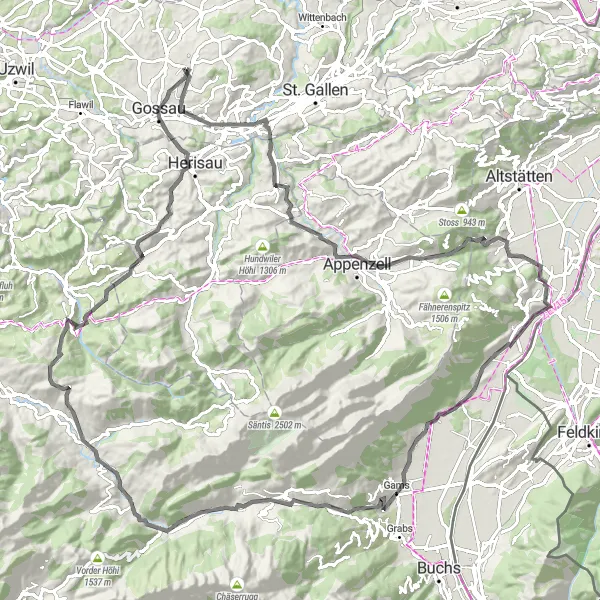 Map miniature of "Ultimate Eastern Switzerland Challenge" cycling inspiration in Ostschweiz, Switzerland. Generated by Tarmacs.app cycling route planner