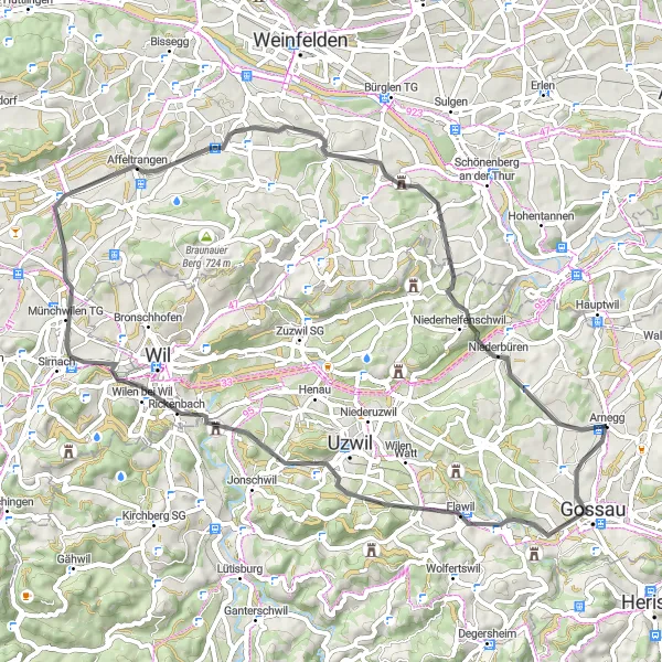 Miniatua del mapa de inspiración ciclista "Excursión de 60 km en carretera desde Andwil" en Ostschweiz, Switzerland. Generado por Tarmacs.app planificador de rutas ciclistas