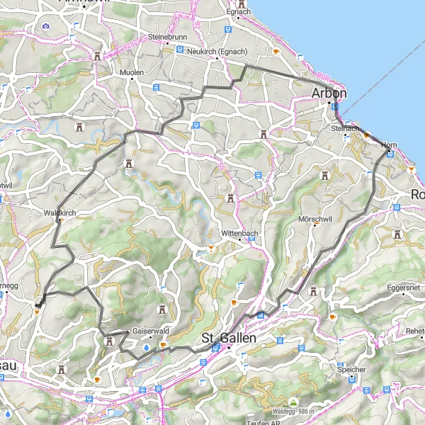 Miniatura della mappa di ispirazione al ciclismo "Giro ciclistico da Waldkirch ad Abtwil SG" nella regione di Ostschweiz, Switzerland. Generata da Tarmacs.app, pianificatore di rotte ciclistiche
