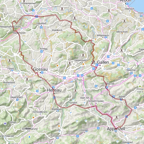 Miniatuurkaart van de fietsinspiratie "Avontuurlijke grindroute van Appenzell naar St. Gallen en terug" in Ostschweiz, Switzerland. Gemaakt door de Tarmacs.app fietsrouteplanner