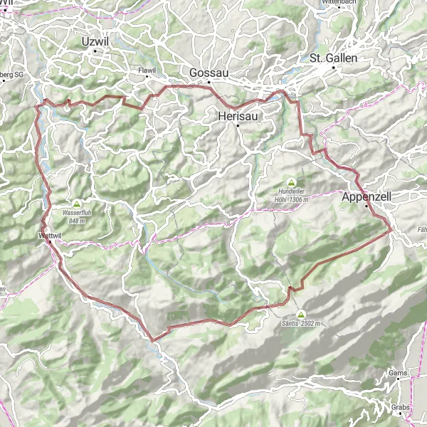 Miniatura della mappa di ispirazione al ciclismo "Percorso in bicicletta gravel da Appenzell a Gossau" nella regione di Ostschweiz, Switzerland. Generata da Tarmacs.app, pianificatore di rotte ciclistiche