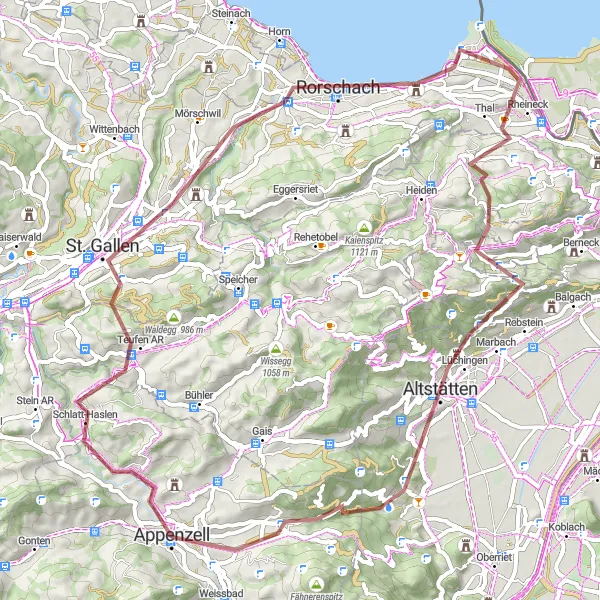 Miniatuurkaart van de fietsinspiratie "Gravelroute naar Rorschach en Altstätten" in Ostschweiz, Switzerland. Gemaakt door de Tarmacs.app fietsrouteplanner