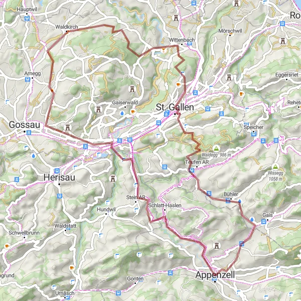 Karttaminiaatyyri "Appenzell - St. Gallen Gravel Pyöräilyreitti" pyöräilyinspiraatiosta alueella Ostschweiz, Switzerland. Luotu Tarmacs.app pyöräilyreittisuunnittelijalla