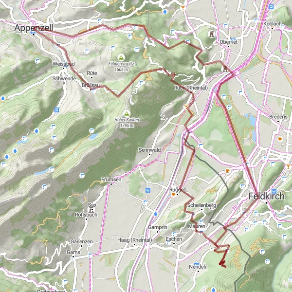 Miniatua del mapa de inspiración ciclista "Camino a través de Kobelwald y Feldkirch" en Ostschweiz, Switzerland. Generado por Tarmacs.app planificador de rutas ciclistas