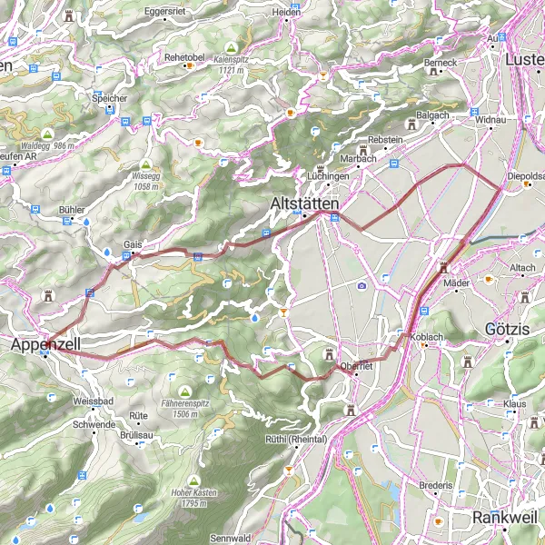 Kartminiatyr av "Appenzell - Oberriet - Steinegg" sykkelinspirasjon i Ostschweiz, Switzerland. Generert av Tarmacs.app sykkelrutoplanlegger