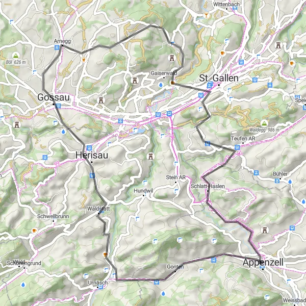 Zemljevid v pomanjšavi "Pisana cestna pot" kolesarske inspiracije v Ostschweiz, Switzerland. Generirano z načrtovalcem kolesarskih poti Tarmacs.app
