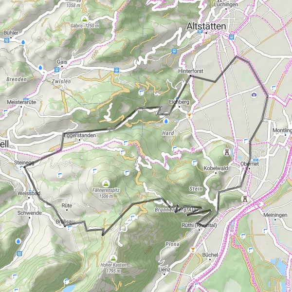 Kartminiatyr av "Hoher Hirschberg til Rüte" sykkelinspirasjon i Ostschweiz, Switzerland. Generert av Tarmacs.app sykkelrutoplanlegger