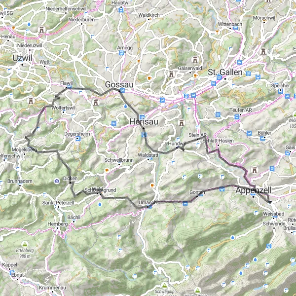 Miniaturní mapa "Okolí Appenzell - Urnäsch - Züblisnase - Mogelsberg - Herisau - Hundwil - Aussichtspunkt Reservoir - Ruine Clanx" inspirace pro cyklisty v oblasti Ostschweiz, Switzerland. Vytvořeno pomocí plánovače tras Tarmacs.app