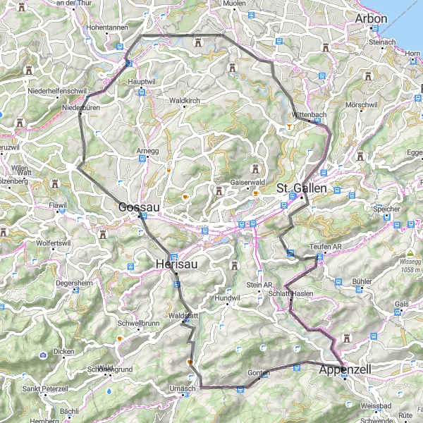 Miniatura della mappa di ispirazione al ciclismo "Giro in bicicletta da Appenzell a St. Gallen" nella regione di Ostschweiz, Switzerland. Generata da Tarmacs.app, pianificatore di rotte ciclistiche