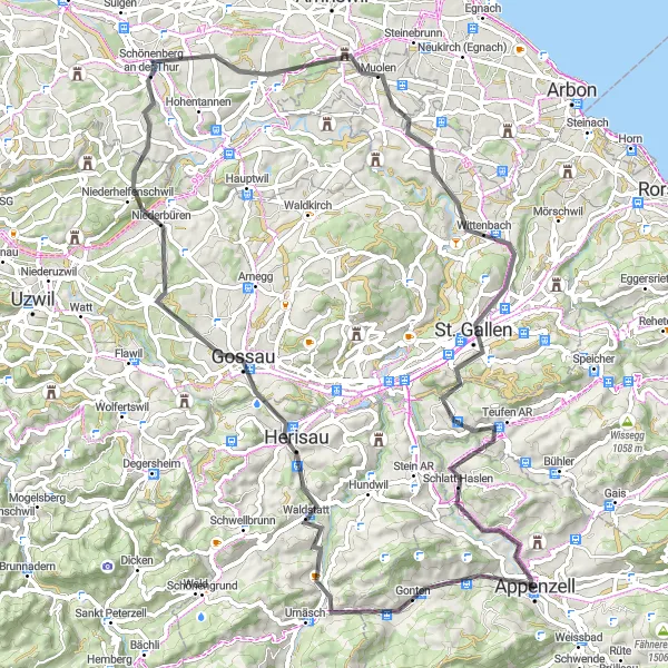 Miniaturní mapa "Okolí Appenzell - Gonten - Nieschberg - Niederhelfenschwil - Häggenschwil - Aussichtspunkt Kastenberg - St. Gallen - Teufen AR - Appenzell" inspirace pro cyklisty v oblasti Ostschweiz, Switzerland. Vytvořeno pomocí plánovače tras Tarmacs.app