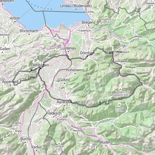 Zemljevid v pomanjšavi "Kolesarska pot okoli Appenzella" kolesarske inspiracije v Ostschweiz, Switzerland. Generirano z načrtovalcem kolesarskih poti Tarmacs.app