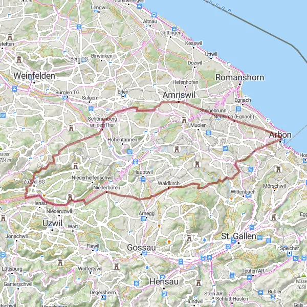 Mapa miniatúra "Gravelová cyklotrasa cez Niederbüren a Amriswil" cyklistická inšpirácia v Ostschweiz, Switzerland. Vygenerované cyklistickým plánovačom trás Tarmacs.app