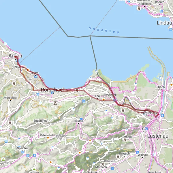 Miniature de la carte de l'inspiration cycliste "Exploration des joyaux du lac" dans la Ostschweiz, Switzerland. Générée par le planificateur d'itinéraire cycliste Tarmacs.app