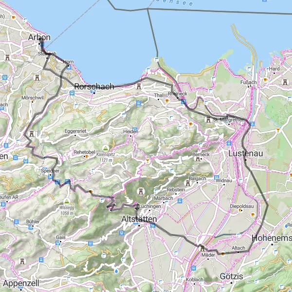 Mapa miniatúra "Road Tour okolo Arbonu s výhľadmi na jazero Constance" cyklistická inšpirácia v Ostschweiz, Switzerland. Vygenerované cyklistickým plánovačom trás Tarmacs.app