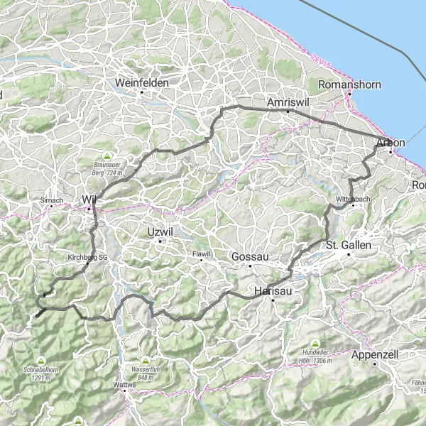 Miniatua del mapa de inspiración ciclista "Gran recorrido por colinas y valles de Thur" en Ostschweiz, Switzerland. Generado por Tarmacs.app planificador de rutas ciclistas