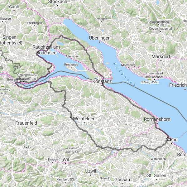 Miniatuurkaart van de fietsinspiratie "Uitdagende route: Arbon - St. Pelagiberg - Schloß Langenrain" in Ostschweiz, Switzerland. Gemaakt door de Tarmacs.app fietsrouteplanner