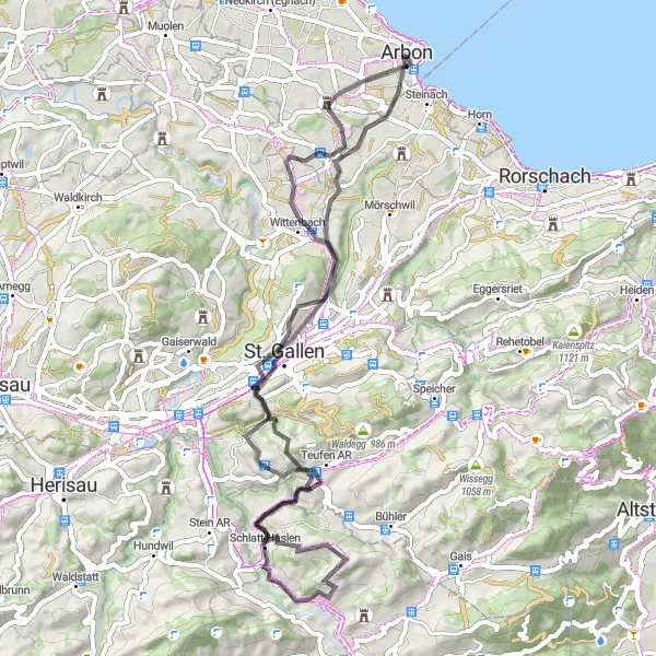 Mapa miniatúra "Cestná cyklotrasa cez St. Gallen a Appenzell Schlatt" cyklistická inšpirácia v Ostschweiz, Switzerland. Vygenerované cyklistickým plánovačom trás Tarmacs.app