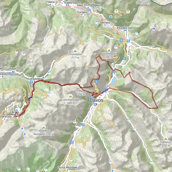 Miniaturekort af cykelinspirationen "Bjergcykeltur fra Arosa til Wolfgangpass og Walserdorf" i Ostschweiz, Switzerland. Genereret af Tarmacs.app cykelruteplanlægger