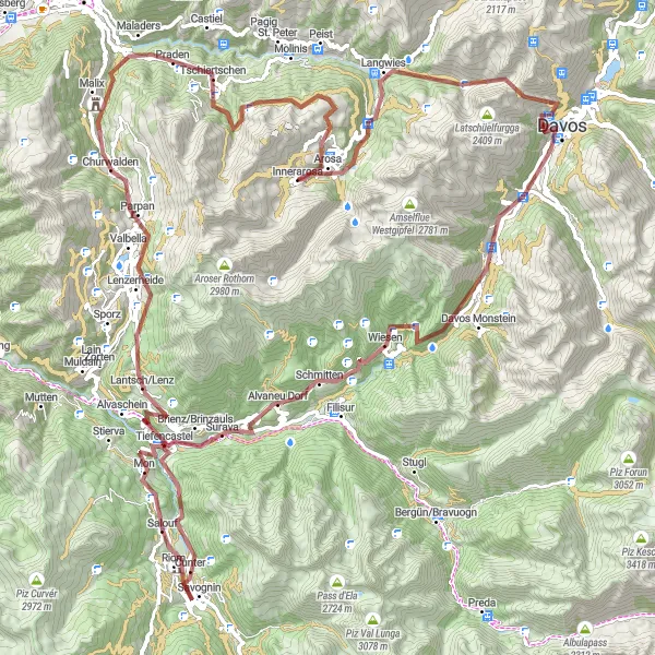 Map miniature of "Alvaneu Gravel Adventure" cycling inspiration in Ostschweiz, Switzerland. Generated by Tarmacs.app cycling route planner