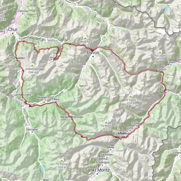 Mapa miniatúra "Alpine gravel adventure from Arosa to Bergün/Bravuogn" cyklistická inšpirácia v Ostschweiz, Switzerland. Vygenerované cyklistickým plánovačom trás Tarmacs.app
