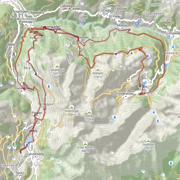 Kartminiatyr av "Eventyr i Arosa-fjellene" sykkelinspirasjon i Ostschweiz, Switzerland. Generert av Tarmacs.app sykkelrutoplanlegger